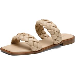 DREAM PAIRS Women's Braided Sandals Slip on Slides Two Straps Square Toe Dressy for Summer