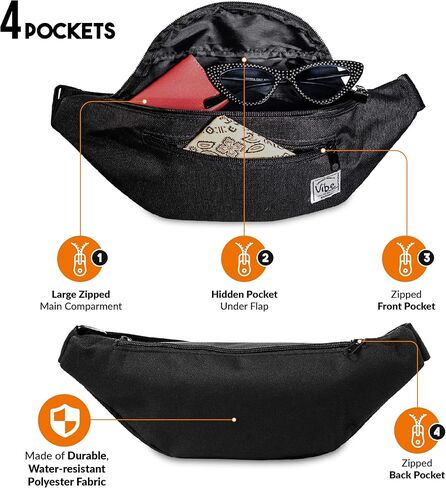 Vibe Festival Gear Fanny Pack للرجال والنساء - العديد من المطبوعات - حقيبة خصر لطيفة باللون الأسود والفضي والذهبي للمهرجانات والمشي لمسافات طويلة والجري وركوب الدراجات in Kuwait
