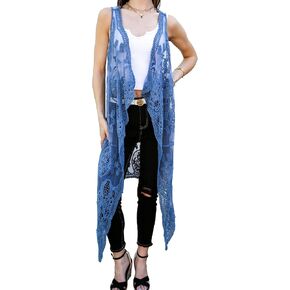 Anna-Kaci Vintage Floral Bohemian Sleeveless Mesh Lace Crochet Embroidery Beach Top Cardigan Vest