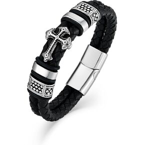 Raymard Mens Christian Cross Double Row Leather Bracelet - Black/Red/Gold&Navy Blue Braided Bracelet for Men in Saudi Arabia