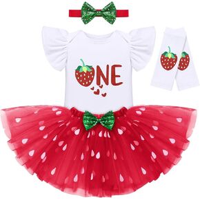 IDOPIP Baby Girls Strawberry 1/2 1st 2nd 3rd Birthday Outfit Romper Tutu Skirt Headband Warmers for Cake Smash Photo Shoot