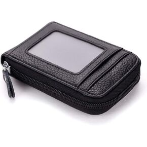 Premium Leather Slim Zipper Business/Credit Card Wallet Case Holder with Clear Photo Slot, Security Travel Wallet(Black)