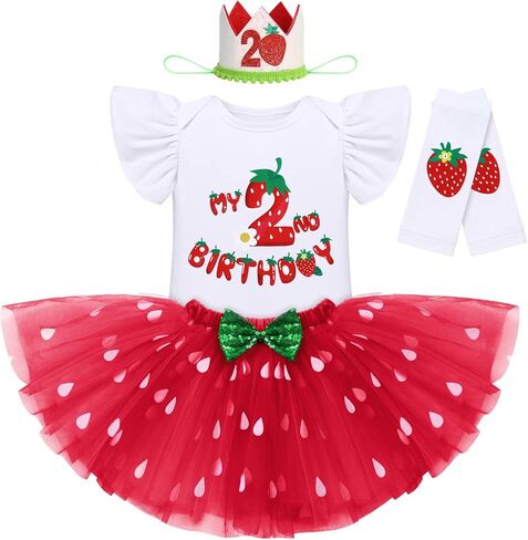 IDOPIP Baby Girls Strawberry 1/2 1st 2nd 3rd Birthday Outfit Romper Tutu Skirt Headband Warmers for Cake Smash Photo Shoot in Kuwait
