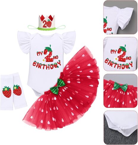 IDOPIP Baby Girls Strawberry 1/2 1st 2nd 3rd Birthday Outfit Romper Tutu Skirt Headband Warmers for Cake Smash Photo Shoot in Kuwait