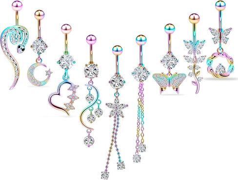 Vsnnsns 14G Belly Button Rings Belly Rings for Women Stainless Steel Belly Piercing Jewelry Surgical Steel Dangle Belly Button rings Curved Navel Ring Barbell CZ Body Jewelry Piercing 9 Pcs in Kuwait