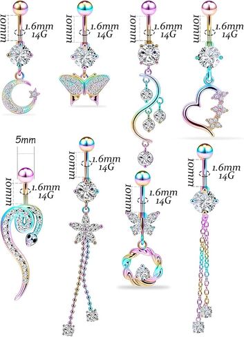 Vsnnsns 14G Belly Button Rings Belly Rings for Women Stainless Steel Belly Piercing Jewelry Surgical Steel Dangle Belly Button rings Curved Navel Ring Barbell CZ Body Jewelry Piercing 9 Pcs in Kuwait