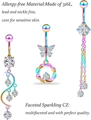 Vsnnsns 14G Belly Button Rings Belly Rings for Women Stainless Steel Belly Piercing Jewelry Surgical Steel Dangle Belly Button rings Curved Navel Ring Barbell CZ Body Jewelry Piercing 9 Pcs in Kuwait