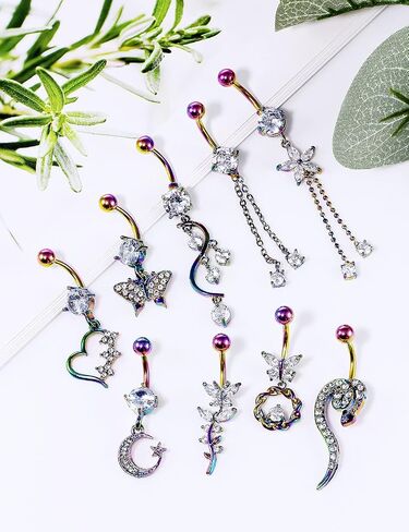 Vsnnsns 14G Belly Button Rings Belly Rings for Women Stainless Steel Belly Piercing Jewelry Surgical Steel Dangle Belly Button rings Curved Navel Ring Barbell CZ Body Jewelry Piercing 9 Pcs in Kuwait
