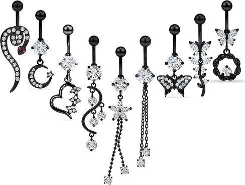 Vsnnsns 14G Belly Button Rings Belly Rings for Women Stainless Steel Belly Piercing Jewelry Surgical Steel Dangle Belly Button rings Curved Navel Ring Barbell CZ Body Jewelry Piercing 9 Pcs in Kuwait