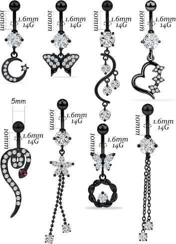 Vsnnsns 14G Belly Button Rings Belly Rings for Women Stainless Steel Belly Piercing Jewelry Surgical Steel Dangle Belly Button rings Curved Navel Ring Barbell CZ Body Jewelry Piercing 9 Pcs in Kuwait