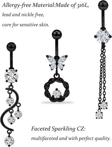 Vsnnsns 14G Belly Button Rings Belly Rings for Women Stainless Steel Belly Piercing Jewelry Surgical Steel Dangle Belly Button rings Curved Navel Ring Barbell CZ Body Jewelry Piercing 9 Pcs in Kuwait