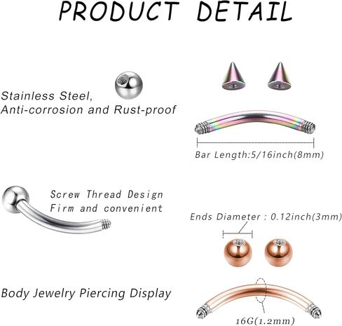 FIBO STEEL 16G 20Pcs Eyebrow Rings Lip Ring Barbell Curved Ring Tragus Daith Rook Earring Acrylic Piercing Jewelry for Women Men in Kuwait