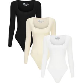 Chongbaijia 3 Piece Women's Square Neck Long Sleeve T shirts Tops Bodysuit Jumpsuit