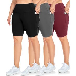 NEW YOUNG 3 Pack Plus Size Biker Shorts with Pockets for Women-High Waisted 8" Yoga Pants Workout Shorts