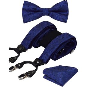 GUSLESON Adjustable Paisley Floral 6 Clips Y Shape Suspenders Pre-tied Bow Tie and Pocket Square Set with Gift Box