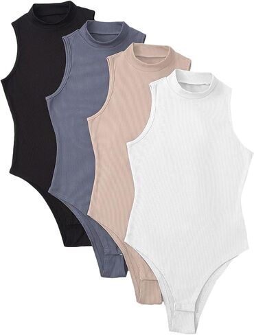 MakeMeChic Women's Plus Size 4pcs Mock Neck Sleeveless Ribbed Knit Bodysuit Pack in Saudi Arabia