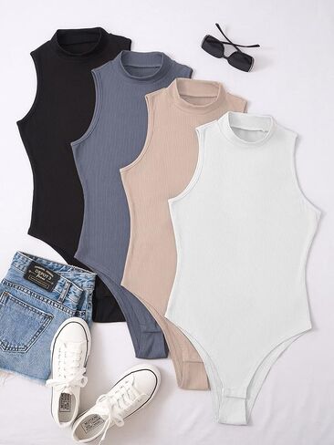 MakeMeChic Women's Plus Size 4pcs Mock Neck Sleeveless Ribbed Knit Bodysuit Pack in Saudi Arabia