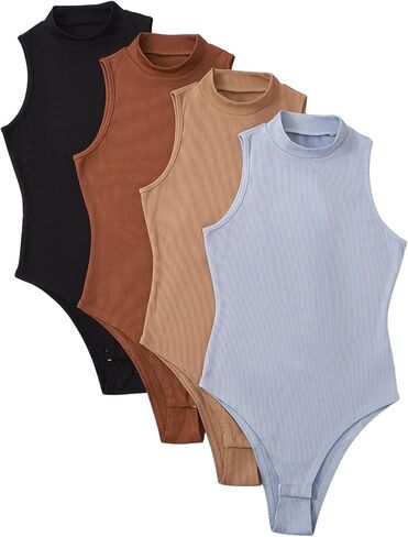 MakeMeChic Women's Plus Size 4pcs Mock Neck Sleeveless Ribbed Knit Bodysuit Pack in Saudi Arabia