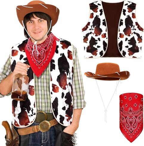 Panitay 3 Pcs Men Cowboy Costume Includes Adult Cowboy Hat Western Brown Hat Cowboy Vest Bandana for Men Halloween Sheriff Costume Outfit Dress up Accessories in Saudi Arabia