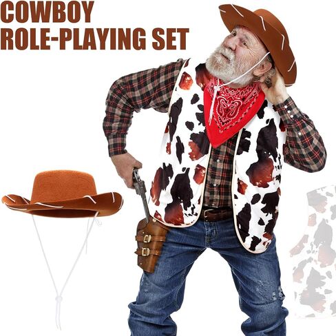 Panitay 3 Pcs Men Cowboy Costume Includes Adult Cowboy Hat Western Brown Hat Cowboy Vest Bandana for Men Halloween Sheriff Costume Outfit Dress up Accessories in Saudi Arabia