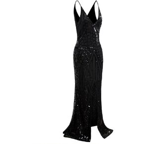 Vijiv 1920s Long Slit Prom Dresses Deep V Neck Sequin Mermaid Bridesmaid Evening Dress
