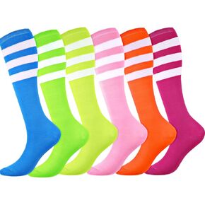 6 Pairs Colorful Striped Knee High Socks, Neon Stripe White Black Knee Colored Tube Socks for Women Girls