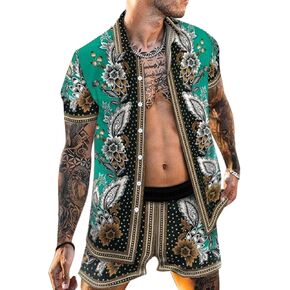 Men's Hawaiian Sets Short Sleeve Luxury Print Casual Button Down Dress Shirt Top and Shorts