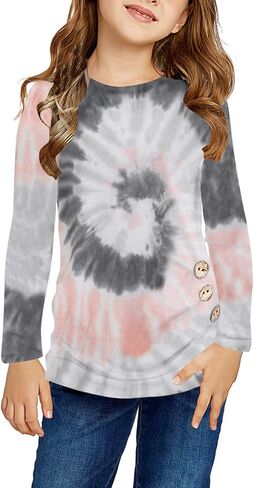 Ecokauer Girls Casual Tunic Tops Knot Front Long Sleeve Loose Soft Blouse T-Shirt Size 4-13 in Kuwait