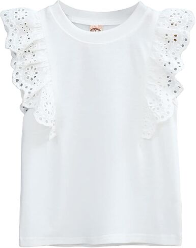 WDIRARA Women's Girls White Blouse Ruffle Cap Sleeve Plain Blank Round Neck Tie Back Summer Casual Blouses 2-7Y in Saudi Arabia