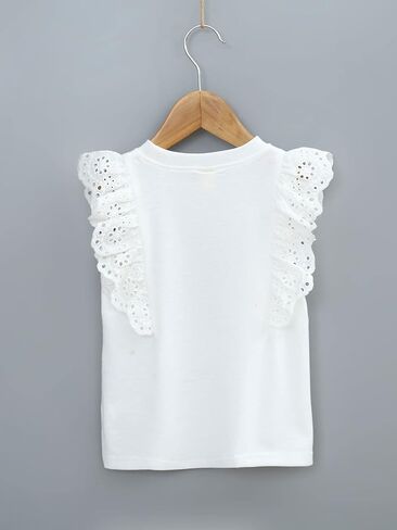 WDIRARA Women's Girls White Blouse Ruffle Cap Sleeve Plain Blank Round Neck Tie Back Summer Casual Blouses 2-7Y in Saudi Arabia