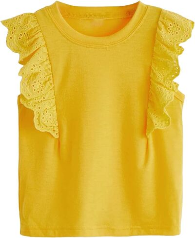 WDIRARA Women's Girls White Blouse Ruffle Cap Sleeve Plain Blank Round Neck Tie Back Summer Casual Blouses 2-7Y in Saudi Arabia