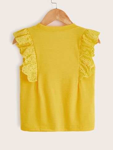 WDIRARA Women's Girls White Blouse Ruffle Cap Sleeve Plain Blank Round Neck Tie Back Summer Casual Blouses 2-7Y in Saudi Arabia