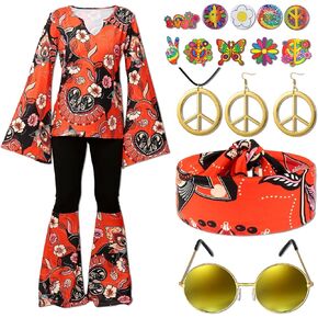 Jiuguva 17Pcs 60s 70s Outfits for Women Hippie Costume Set Disco Outfit Dress Boho Flared Pants Hippie Shirt Headband