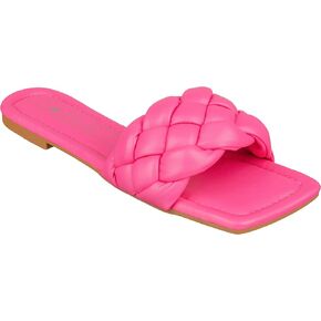 CLOVERLAY Yara Women's Square Open Toe Slides Braided Woven Single Band Slip on Flat Sandals