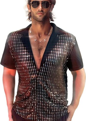 AIBEIX Mens Mesh Sequins See Through 70s Disco Long Sleeve Button Down Shirts in Saudi Arabia