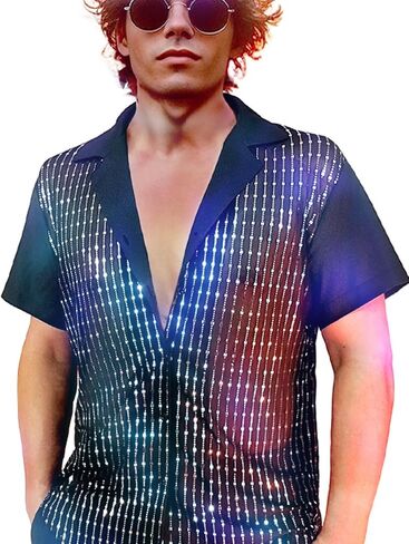 AIBEIX Mens Mesh Sequins See Through 70s Disco Long Sleeve Button Down Shirts in Saudi Arabia