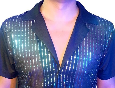 AIBEIX Mens Mesh Sequins See Through 70s Disco Long Sleeve Button Down Shirts in Saudi Arabia