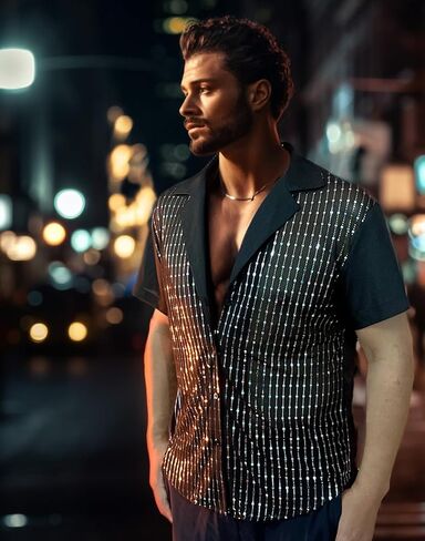 AIBEIX Mens Mesh Sequins See Through 70s Disco Long Sleeve Button Down Shirts in Saudi Arabia