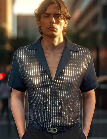 AIBEIX Mens Mesh Sequins See Through 70s Disco Long Sleeve Button Down Shirts in Saudi Arabia