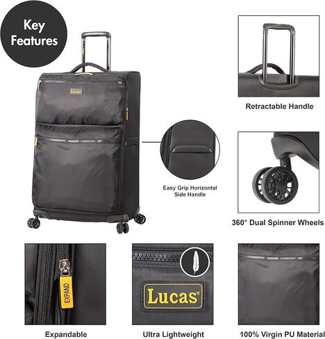 Lucas Designer Luggage Collection - Expandable 24 Inch Softside Bag - Durable Mid-sized Ultra Lightweight Checked Suitcase with 8-Rolling Spinner Wheels (Black) in Kuwait