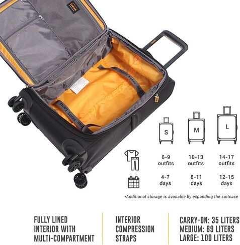 Lucas Designer Luggage Collection - Expandable 24 Inch Softside Bag - Durable Mid-sized Ultra Lightweight Checked Suitcase with 8-Rolling Spinner Wheels (Black) in Kuwait