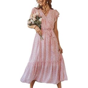 BROVAVE Womens Summer Casual Short Sleeve Floral Print Bohemian V Neck Flowy Midi Maxi Dress with Slit