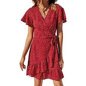 Naggoo Women's Summer Wrap V Neck Polka Dot Print Ruffle Short Sleeve Mini Floral Dress with Belt