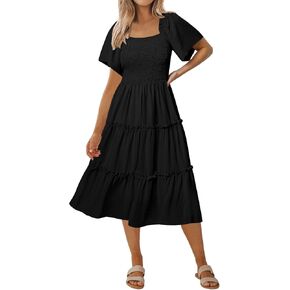 LILLUSORY Women's Summer Casual Flutter Sleeve Square Neck Smocked Midi Dress