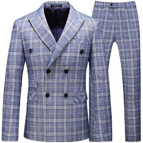 Mens Plaid 3 Piece Suits Slim Fit Double Breasted Plaid Suit Jacket Vest Pants Set Formal