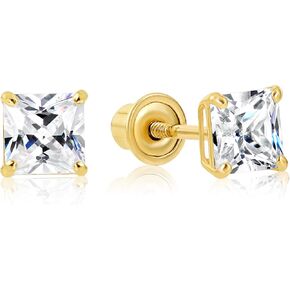 14k Yellow Gold Solitaire Square Princess-cut CZ Stud Earrings with Secure Screw-backs