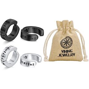 حلق نورس فايكنغ للرجال - زوجان من مجوهرات حماية التعويذة من الفولاذ المقاوم للصدأ للرجال، أقراط دائرية صغيرة مع رونية فوثارك من الشمال للرجال والنساء، أسود/فضي in Kuwait