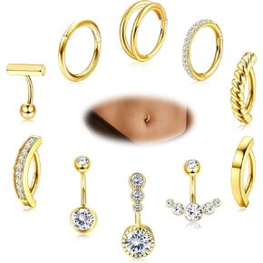 YADOCA 10Pcs Clicker Belly Button Ring for Women Surgical Steel CZ Belly Rings Simple Bar Reverse Curved Navel Rings Hoop Clicker Segment Belly Barbell Piercing Jewelry Gold Silver Rose Gold Tone 14G