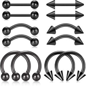 FECTAS 14G Straight Curved Horseshoe Barbells Snake Eyes Tongue Rings Nipplerings Belly Eyebrow Ring Silver Stainless Steel Piercing Jewelry Pack 12pcs