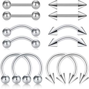 FECTAS 14G Straight Curved Horseshoe Barbells Snake Eyes Tongue Rings Nipplerings Belly Eyebrow Ring Silver Stainless Steel Piercing Jewelry Pack 12pcs in Saudi Arabia